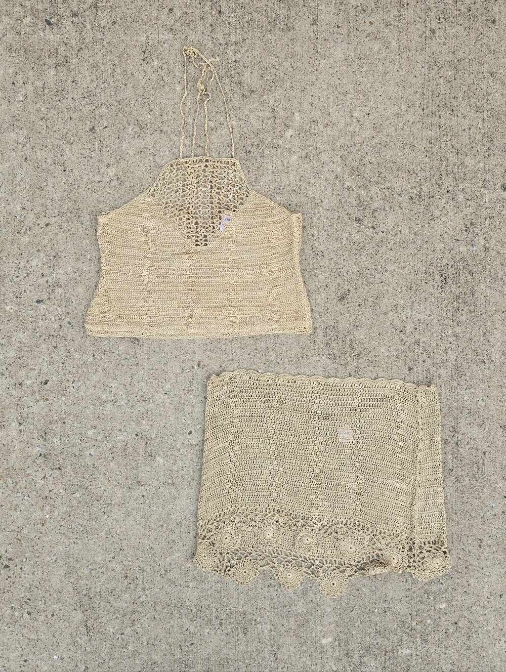 Vintage Y2K VENUS Knit Gold Halter Top Boho Festival Skirt Beachy Set M 2pc